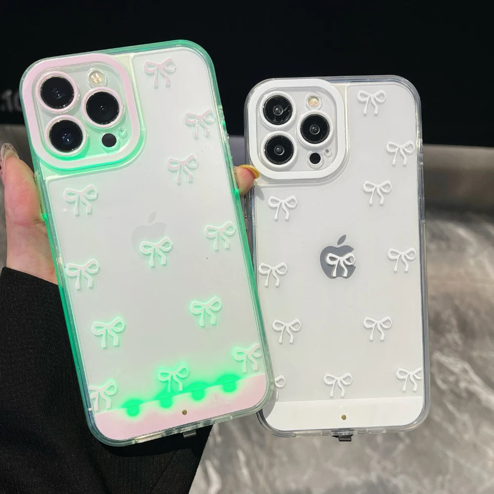 Luminous Call Light Up Flash Bowknot Phone Case For iPhone 17 16 15 13 12 11 14 Pro Max Plus FIve Color Light Change Cases Cover