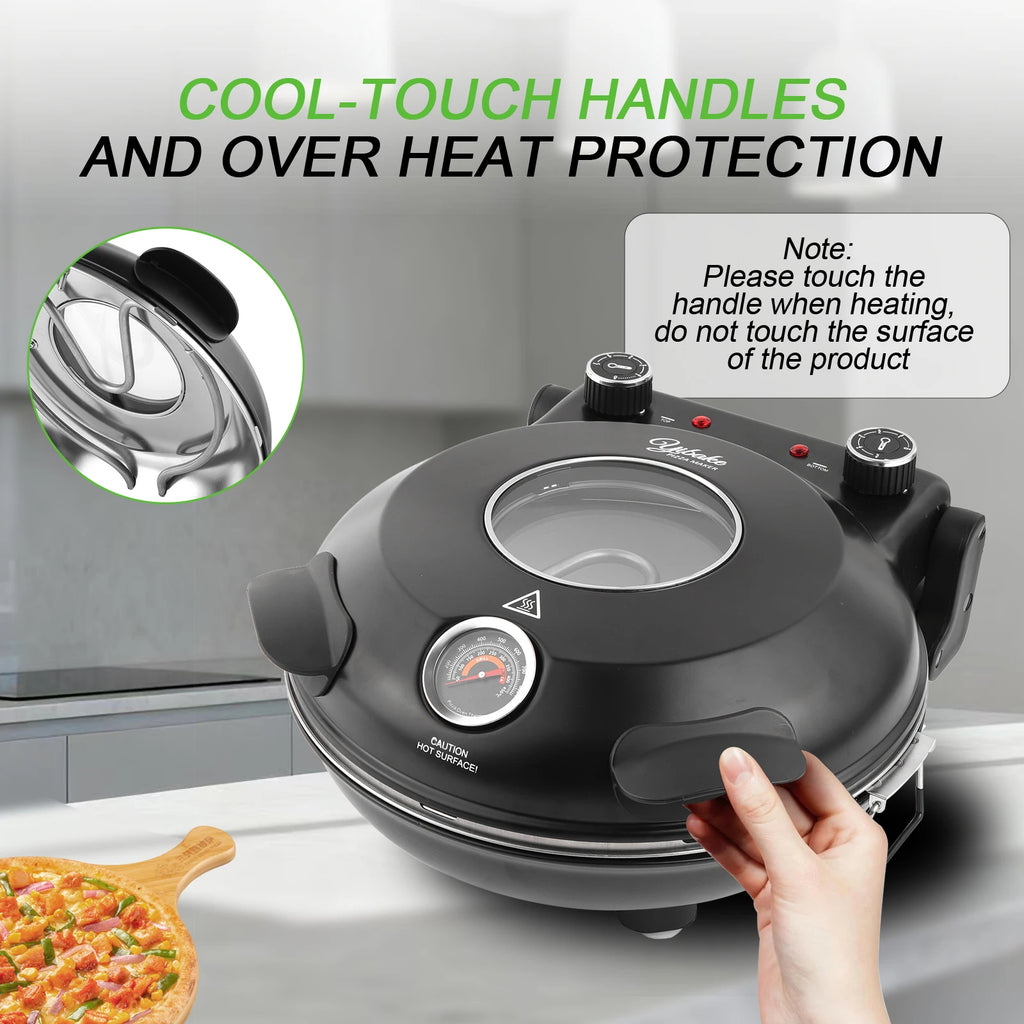 YIBAKE 12 Inch Electric Pizza Oven Indoor 1200W Glazed Ceramic Stone Cooker Two-button Precise Temperature Control Heats up 420℃