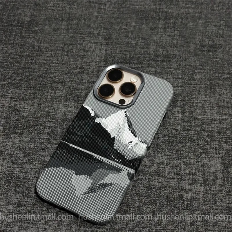 2026 New Mountain Relief Carbon Case for iPhone 16 15 Pro Max MagSafe Back Cover Hard PC Buttons Frame Protective Phone Shell