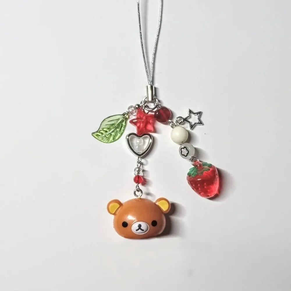 Cute Small Bell Bear Pendant Strawberry Beaded Matching Phone Charms Keychains Bag Chain - Gift Jewelry for Girls Women Couples