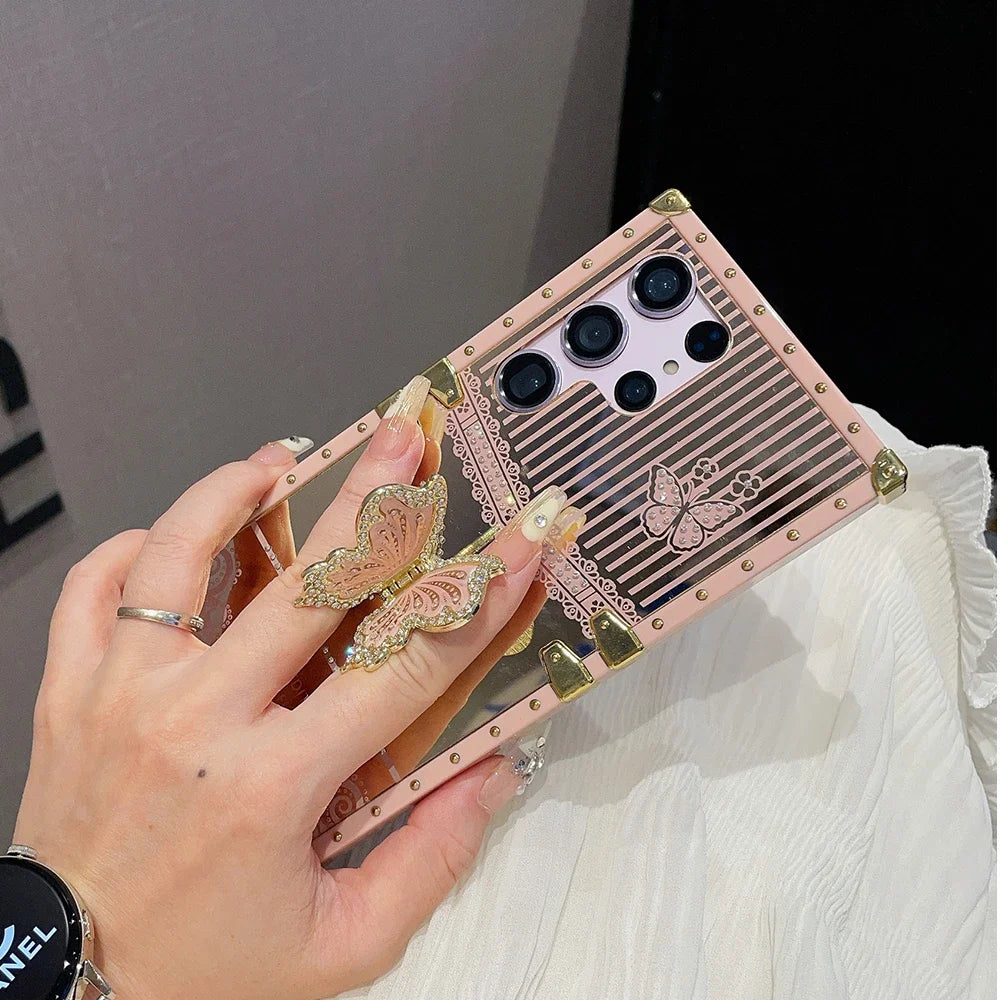 Luxury Plating Butterfly Bracket Diamond Phone Case – Samsung S25 | S24 Ultra | S23 Plus | S22 | A56/A36/A26/A16/A06/A55/A35/A25/A15/A05