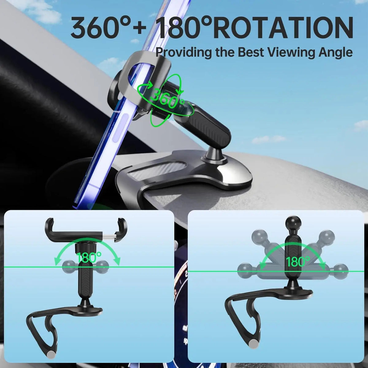 Phone Mount for Car Dashboard, 360 Degree Rotation Universal Cell Phone Holder for Car Clip Mount Stand Suitable for phones