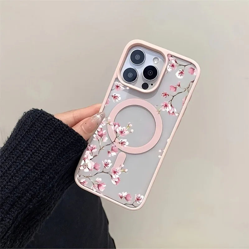 Pink Cherry Elegant Floral Background Design Magnetic Phone Case For iPhone 17 16 15 14 13 12 Pro Max 11 16 Plus 16E 17Air Cover