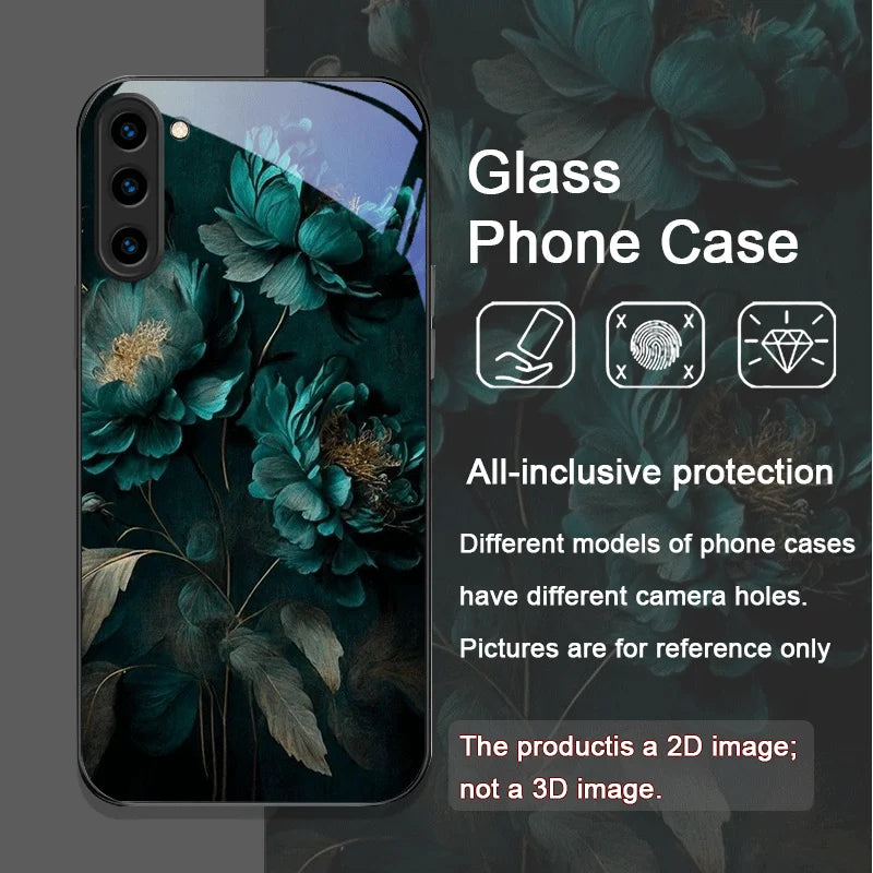 Flower Peony Print Vintage Floral Tempered Glass Phone Case for Samsung Galaxy S25 Ultra S24 S23 Plus S22 S21 S20 FE M53 Covers