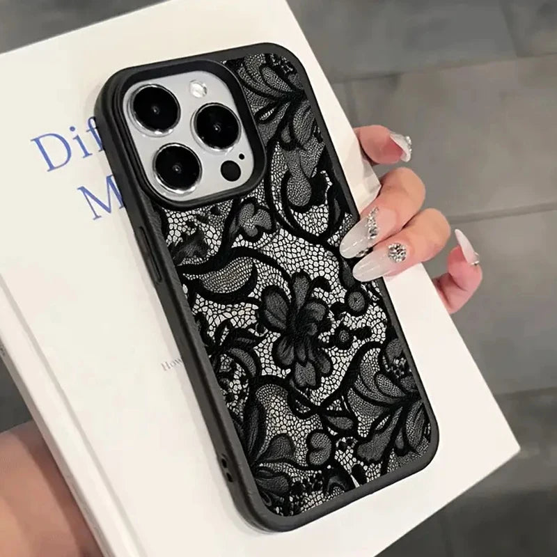 Black Lace Pattern Phone Case For iPhone 17 Pro Max 16 15 14 Plus 13 12 11 Pro Max 16E 17Air Shockproof Soft Cover