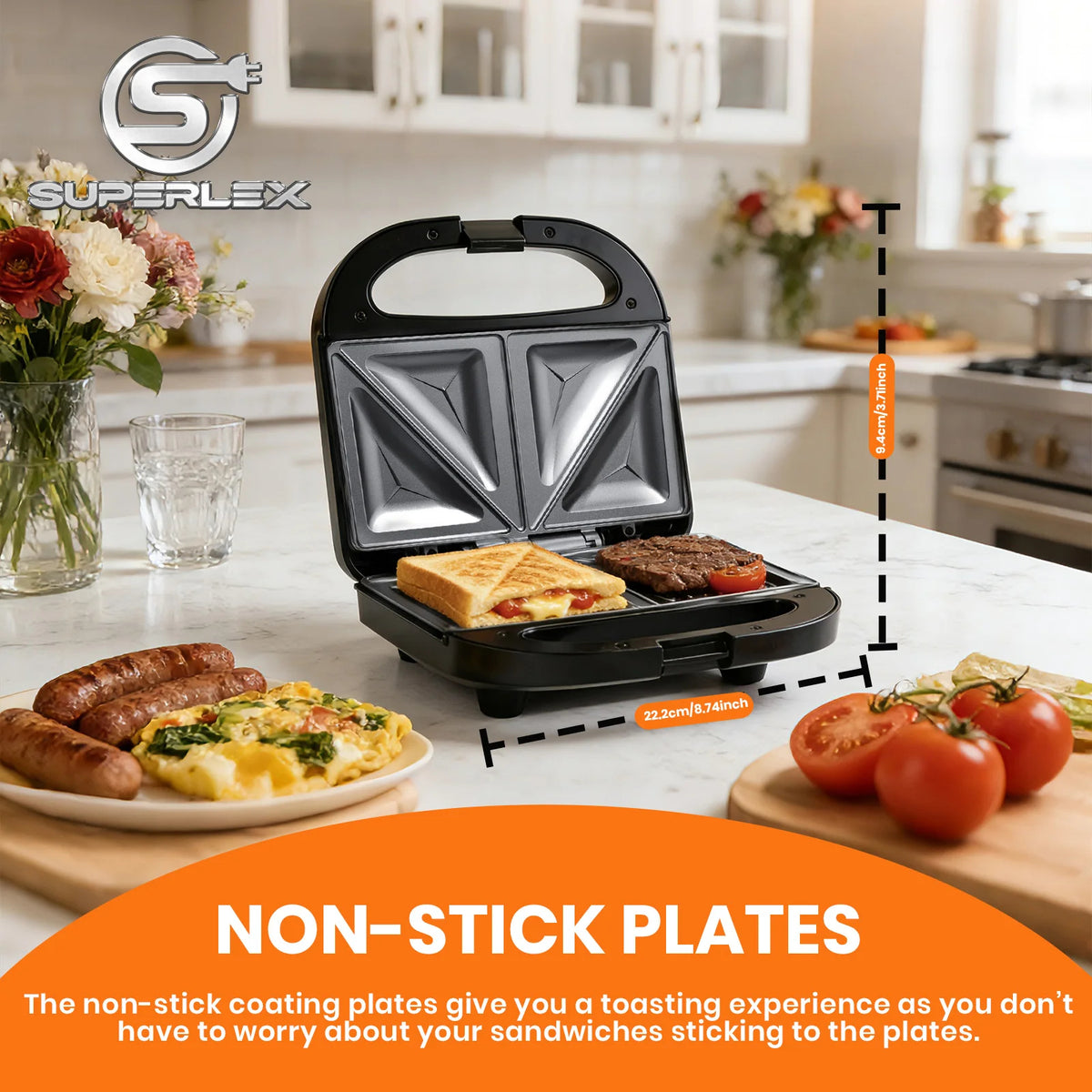 SUPERLEX Stainless Steel Sandwich Maker With Non-stick Plates Cool Touch Handle 750W Powerful Toaster Maker Suitable For House