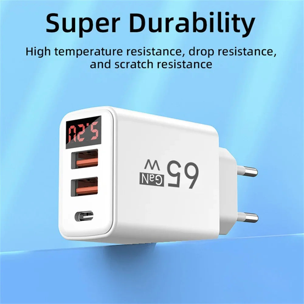 EU/US/UK Plug 65W USB Charger 3 Ports Fast Charging Mobile Phone Power Adapter QC3.0 Type C Charger For iPhone Samsung Xiaomi