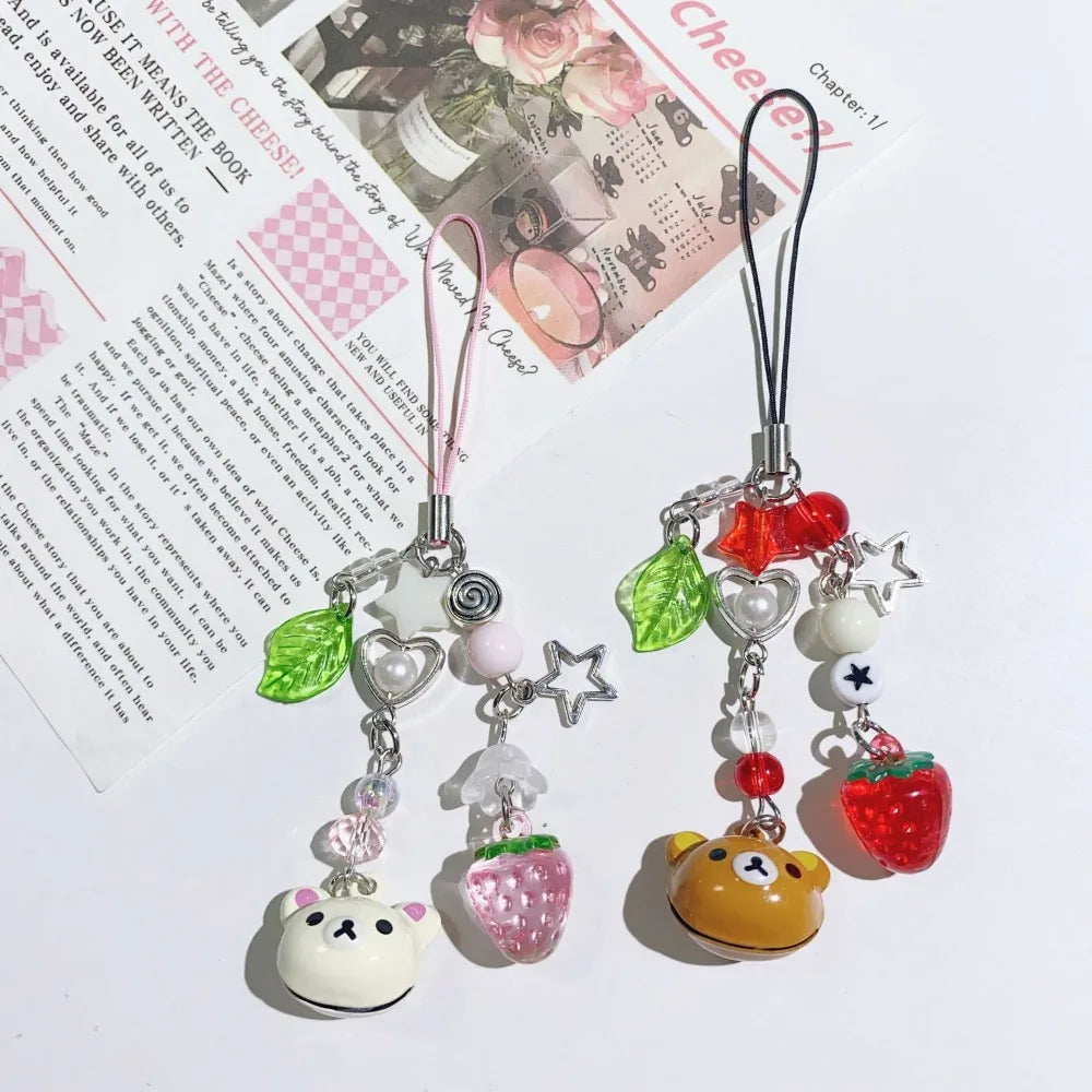 Cute Small Bell Bear Pendant Strawberry Beaded Matching Phone Charms Keychains Bag Chain - Gift Jewelry for Girls Women Couples