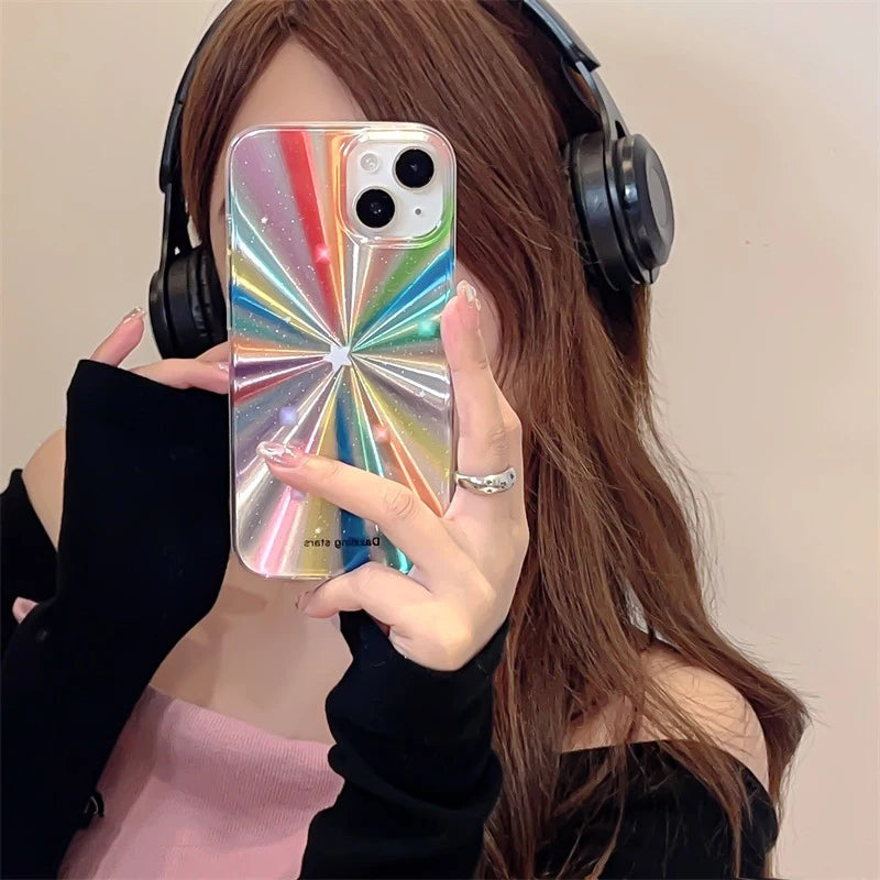 Colorful Rainbow Stars Glitter Phone Case For iPhone 15 16 Pro Max 17 13 11 12 14 Plus IMD Silicone Shockproof Back Cover Shell