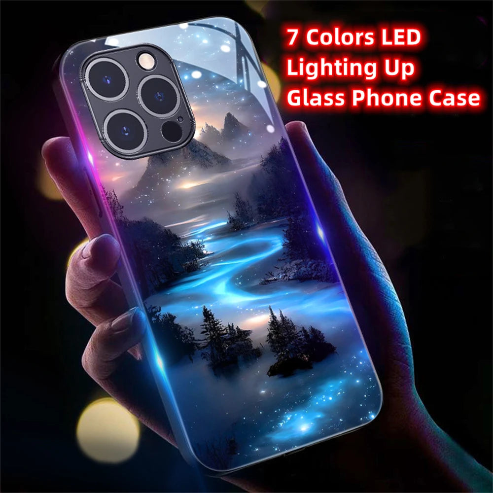 2026 Pretty Galaxy Beach Smart LED Light Glow Tempered Glass Phone Case For iPhone Air 17 16 E 15 14 13 12 11 Pro Max Plus