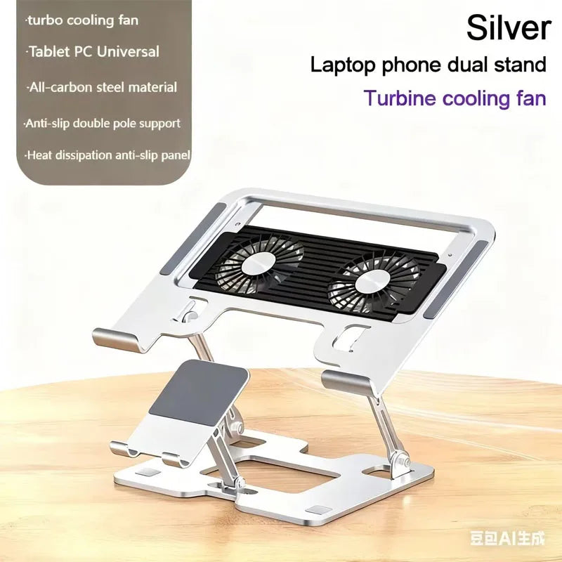 2-in-1 Carbon Steel Laptop Stand - With Cooling Ventilation Foldable & Adjustable Phone/Tablet Stand, Compatible With Projectors