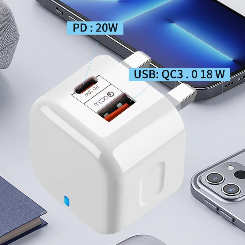 QC3.0 PD20W USB+Type-C Dual Ports Fast Charger Phone Adapter EU/US/UK Plug Wall Charger For iPhone Samsung Huawei Xiaomi/Tablets