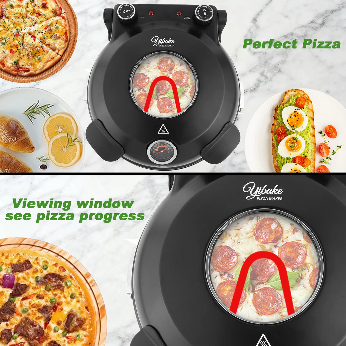 YIBAKE 12 Inch Electric Pizza Oven Indoor 1200W Glazed Ceramic Stone Cooker Two-button Precise Temperature Control Heats up 420℃