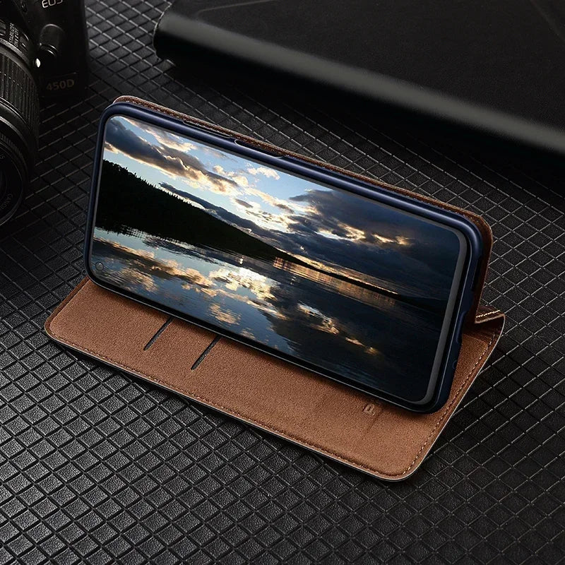 Flip Case For SAMSUNG Galaxy S26 S25 S24 S23 Ultra Plus FE 5G Genuine Leather Magnetic Cover Cowhide Grid Pattern Wallet Cases
