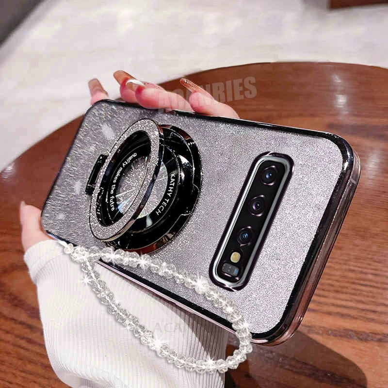 Glitter Holder Chain Case For Samsung Galaxy S10 Plus S10plus S9 S9plus S8 S20 Note 8 9 10 20 Lanyard Silicone Stand Cover Note9