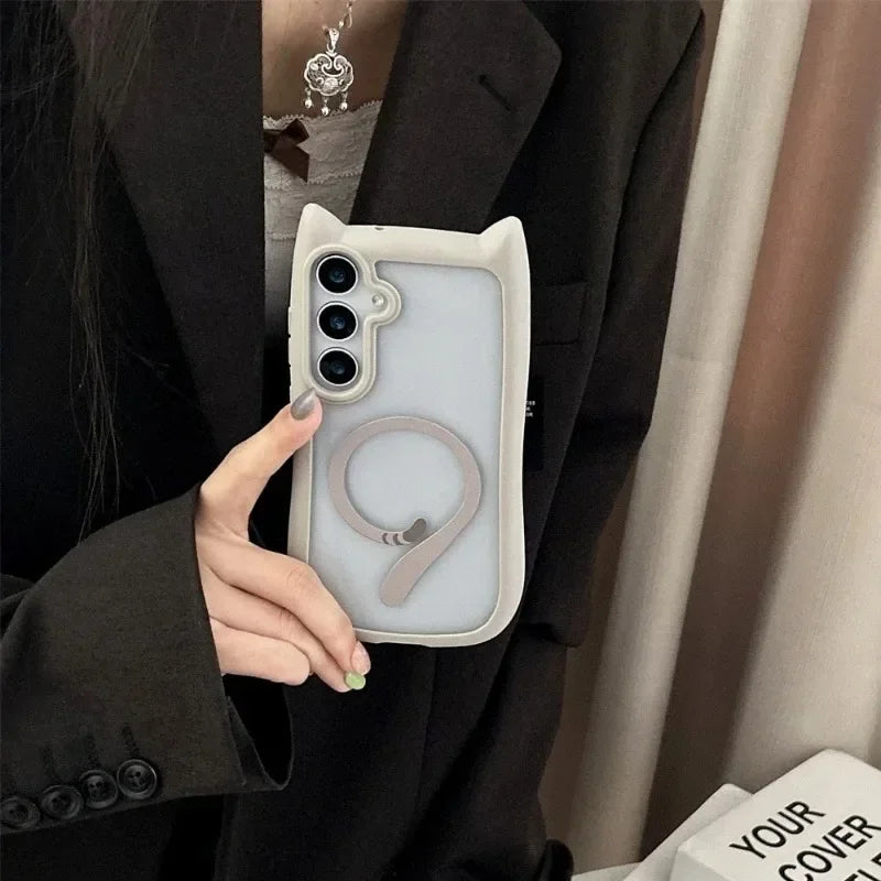 2026 newCute Cat Ear Cartoon Phone Case For Galaxy S25Ultra S25 S24 S23 Plus Transparent PC Magnetic Cover Wireless Charge Shell