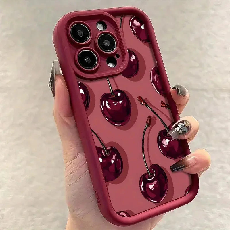 Luxury Wine Red Cherry Print Case for IPhone 16 15 17 Air 14 13 12 11 Pro Max 7 8 16 Plus 16e Shockproof Silicone Phone Cover