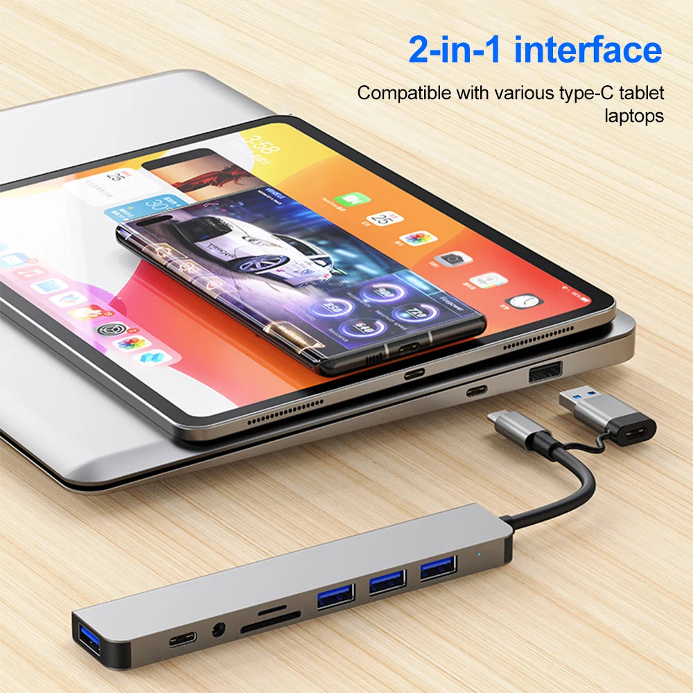 8 In 2 USB Hub USB C Docking Station Type-C Adapter To 4K60Hz HDMI USB 3.0 5Gbps RJ45 1000Mbps Splitter With SD/TF For Laptop