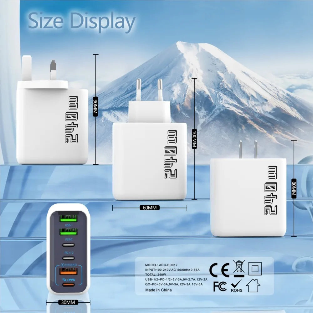 240W 6 Port USB C Charger Super Fast Charging PD3.0 USB C Type C Mobile Phone Charger For iPhone 17 16 pro Samsung Xiaomi ipad