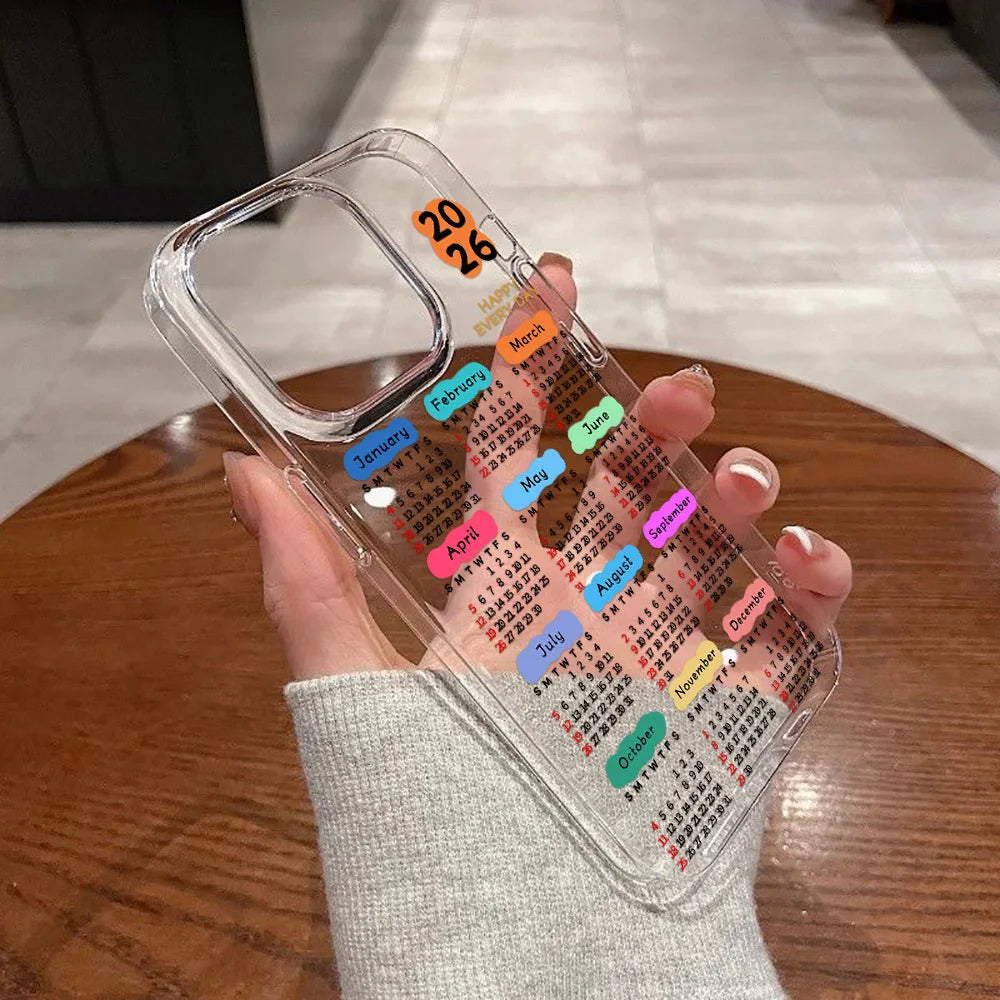 Luxury 2026 Calendar Transparent Soft Acrylic Phone Case For iPhone 17 16 Pro Max 11 13 15 14 12 Air Shockproof Bumper Cover
