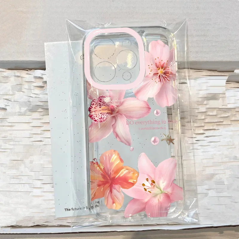 Pink Lily Flower Pattern Phone Case For iPhone 16 17 16e 15 14 13 12 11 Pro Max X XR XSMax 7 8 Plus SE2 Transparent Soft Cover