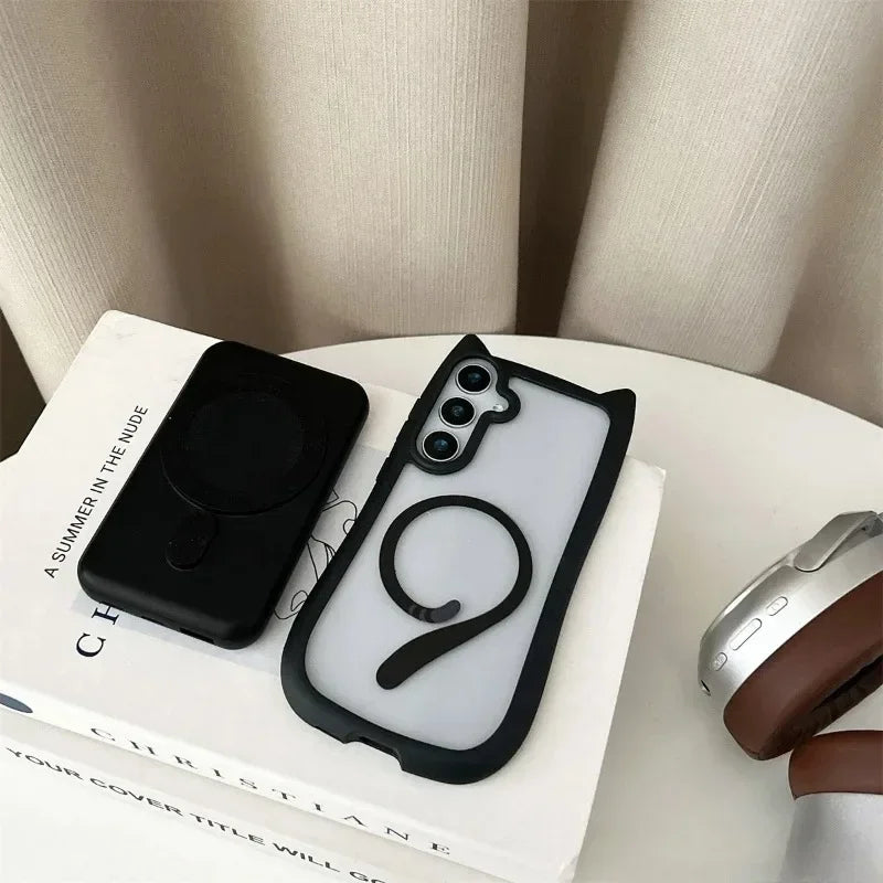 2026 newCute Cat Ear Cartoon Phone Case For Galaxy S25Ultra S25 S24 S23 Plus Transparent PC Magnetic Cover Wireless Charge Shell