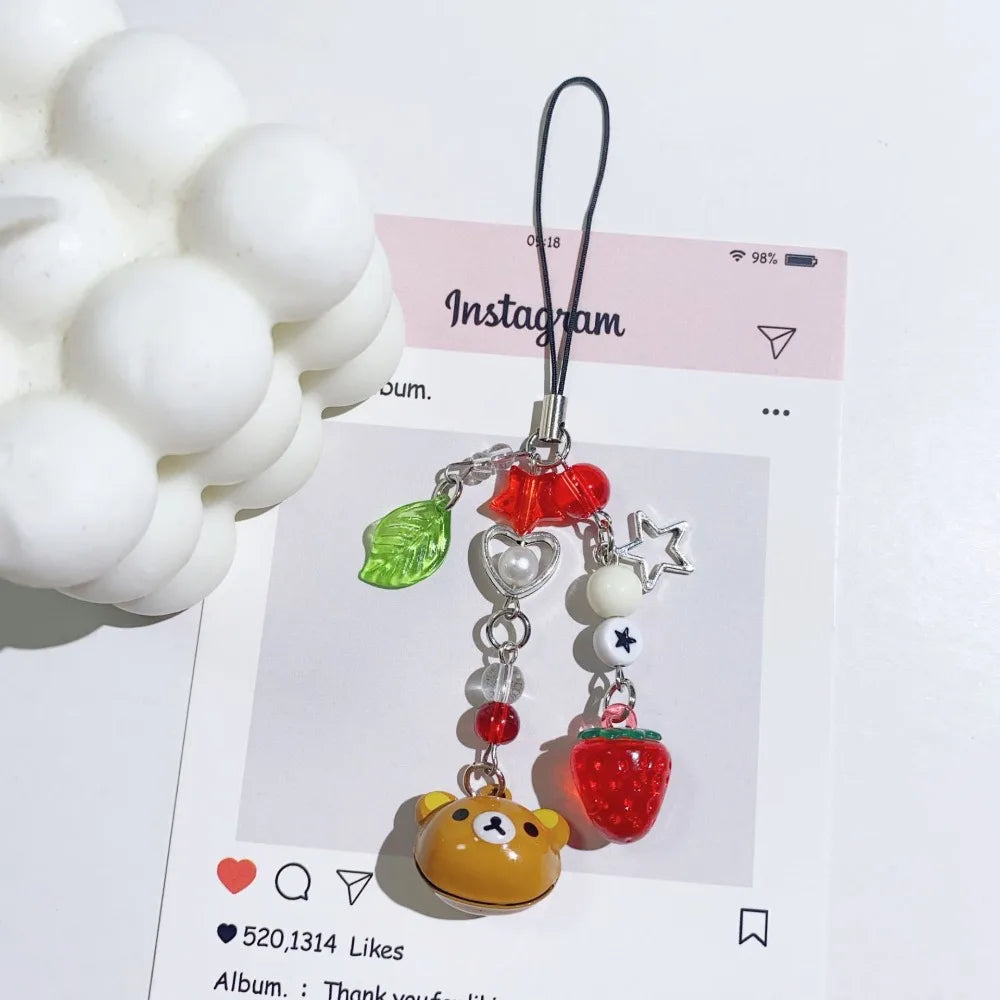 Cute Small Bell Bear Pendant Strawberry Beaded Matching Phone Charms Keychains Bag Chain - Gift Jewelry for Girls Women Couples