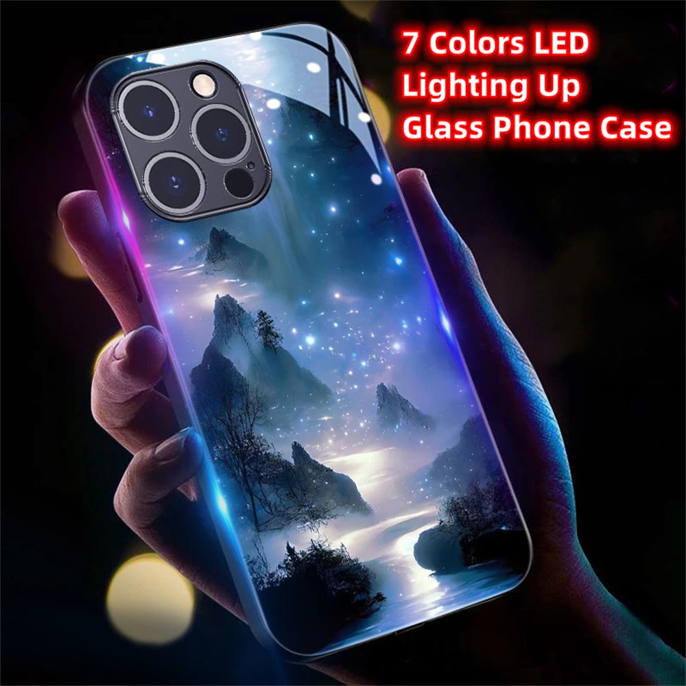 2026 Pretty Galaxy Beach Smart LED Light Glow Tempered Glass Phone Case For iPhone Air 17 16 E 15 14 13 12 11 Pro Max Plus