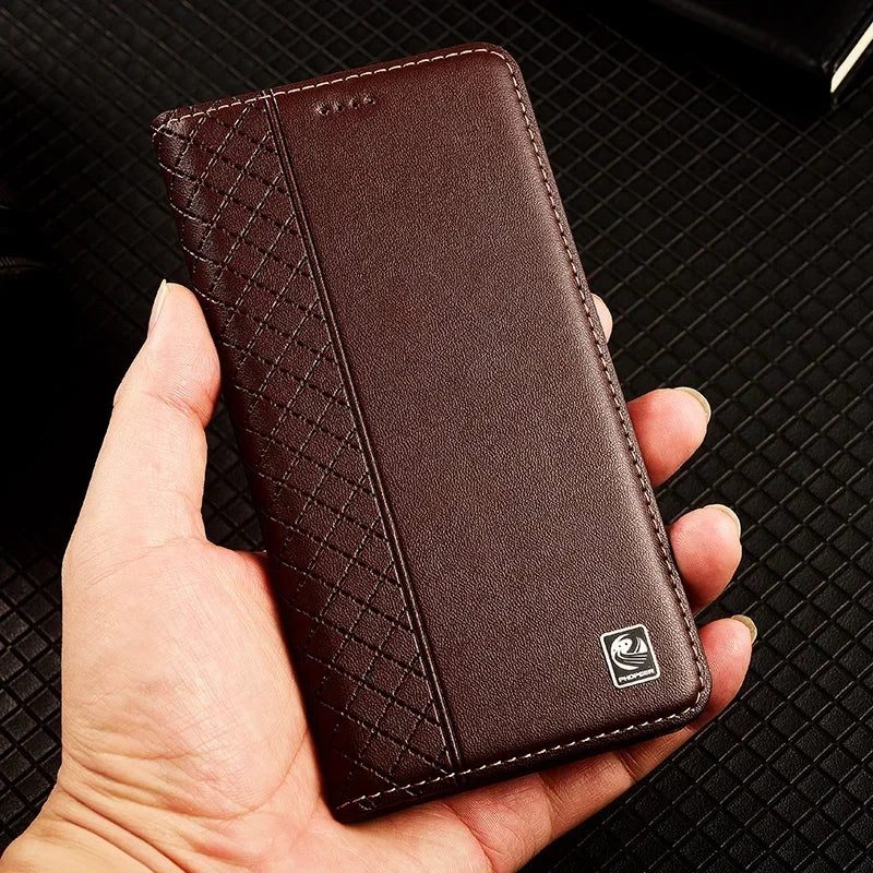 Flip Case For SAMSUNG Galaxy S26 S25 S24 S23 Ultra Plus FE 5G Genuine Leather Magnetic Cover Cowhide Grid Pattern Wallet Cases