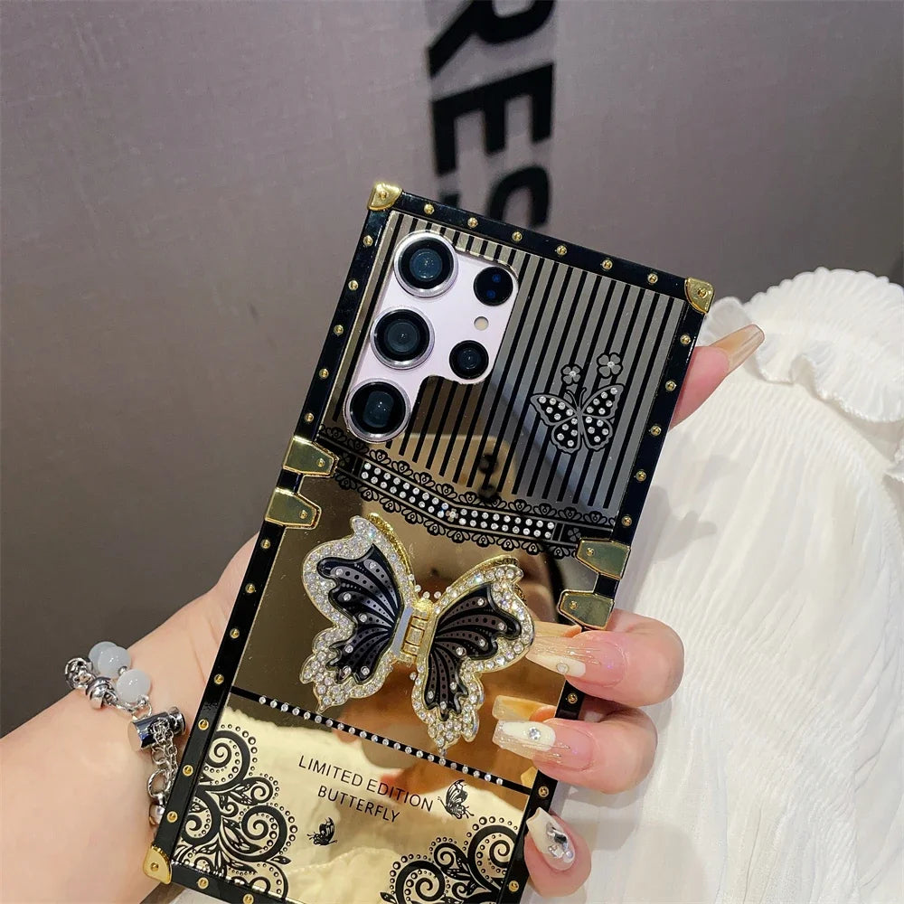 Luxury Plating Butterfly Bracket Diamond Phone Case – Samsung S25 | S24 Ultra | S23 Plus | S22 | A56/A36/A26/A16/A06/A55/A35/A25/A15/A05