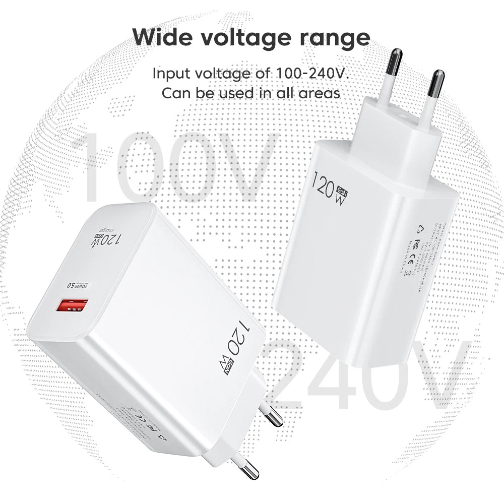 120W GaN USB Charger QC 3.0 EU/US Plug Phone Charger Adapter Type C Cable For iPhone Samsung Xiaomi Fast Charging Wall Charger