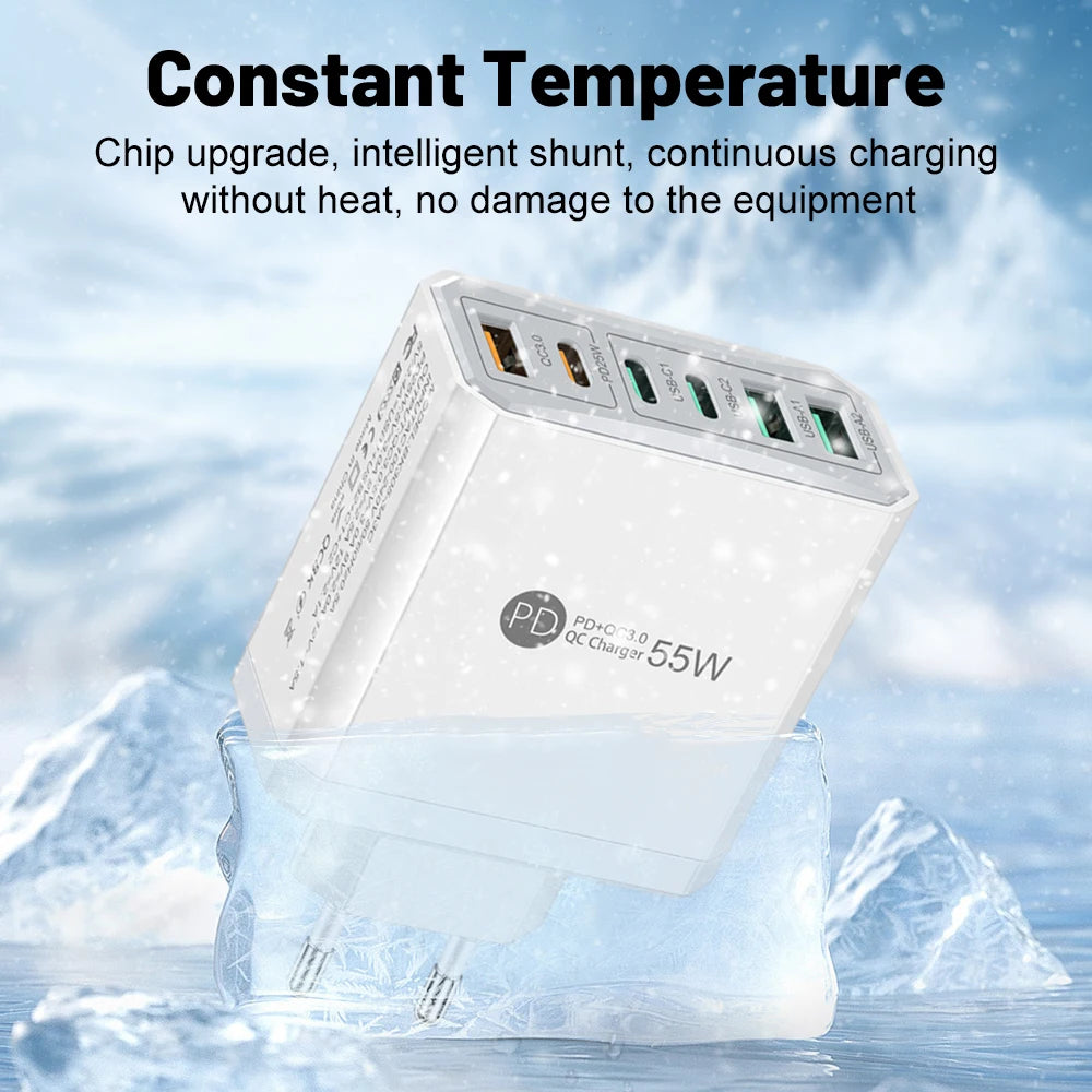55W 3 USB 3 PD Charger Fast Charging QC3.0 Travel Charger For iPhone 15 14 Samsung Xiaomi Mobile Phone Adapter EU KR US UK Plug
