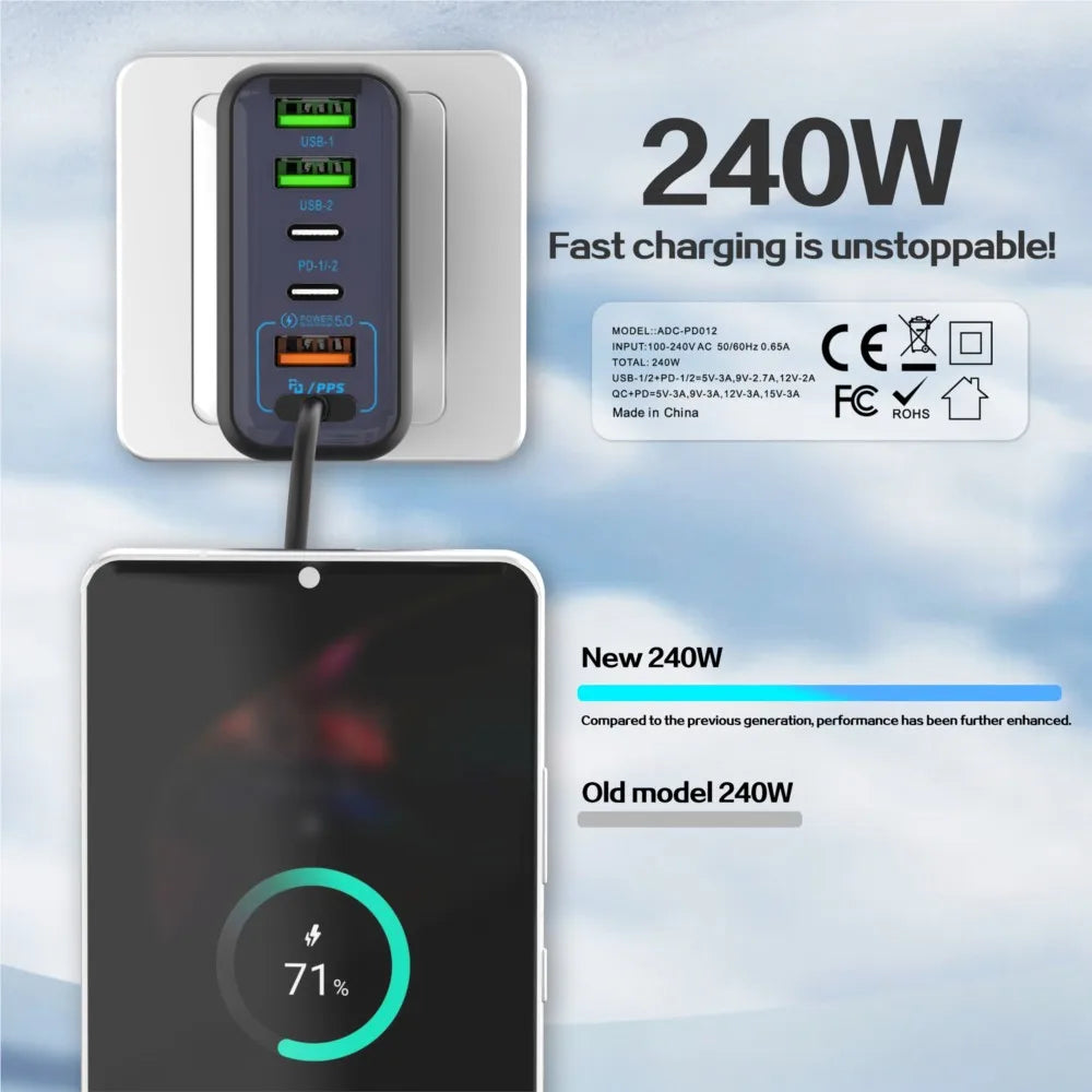 240W 6 Port USB C Charger Super Fast Charging PD3.0 USB C Type C Mobile Phone Charger For iPhone 17 16 pro Samsung Xiaomi ipad