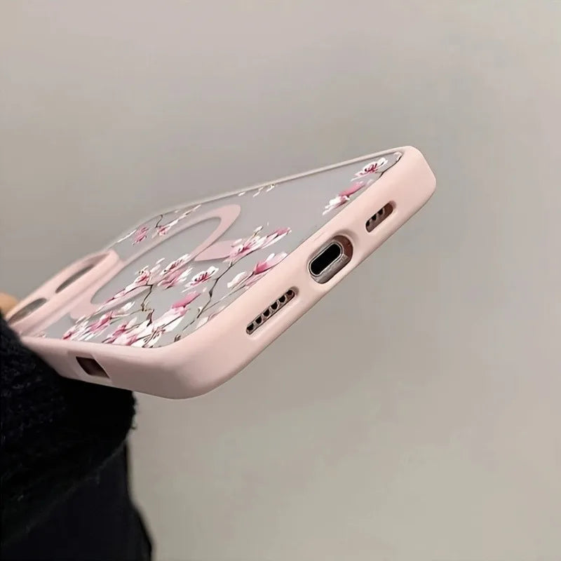 Pink Cherry Elegant Floral Background Design Magnetic Phone Case For iPhone 17 16 15 14 13 12 Pro Max 11 16 Plus 16E 17Air Cover