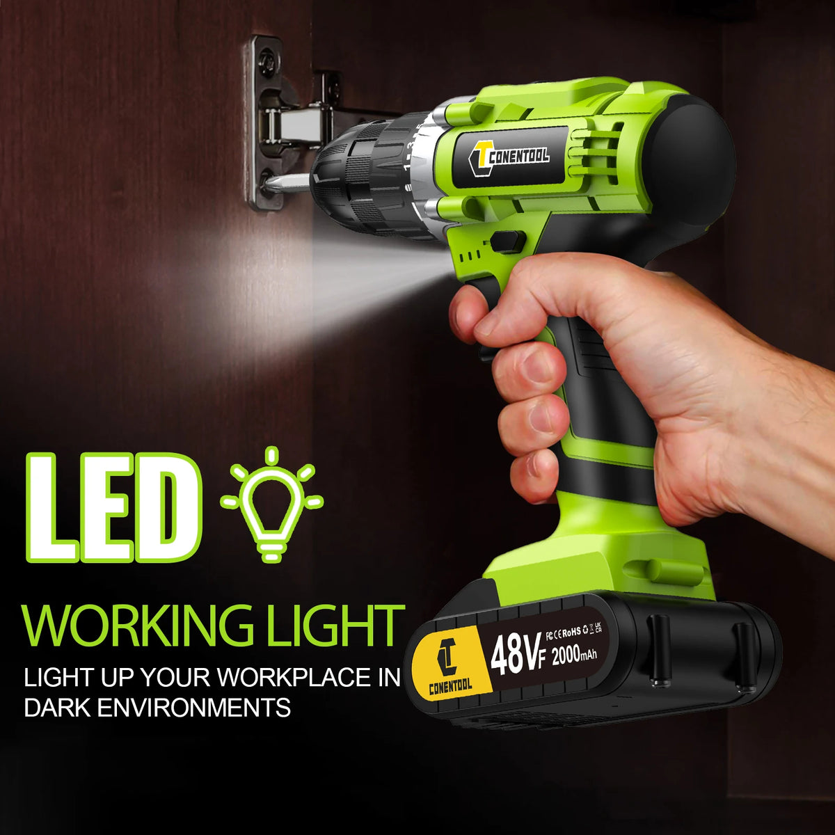 CONENTOOL Electric Screwdriver 48V Lithium-Ion Cordless Drill Driver Set LED Work Light Electric Drill Quick Changer Battery Set