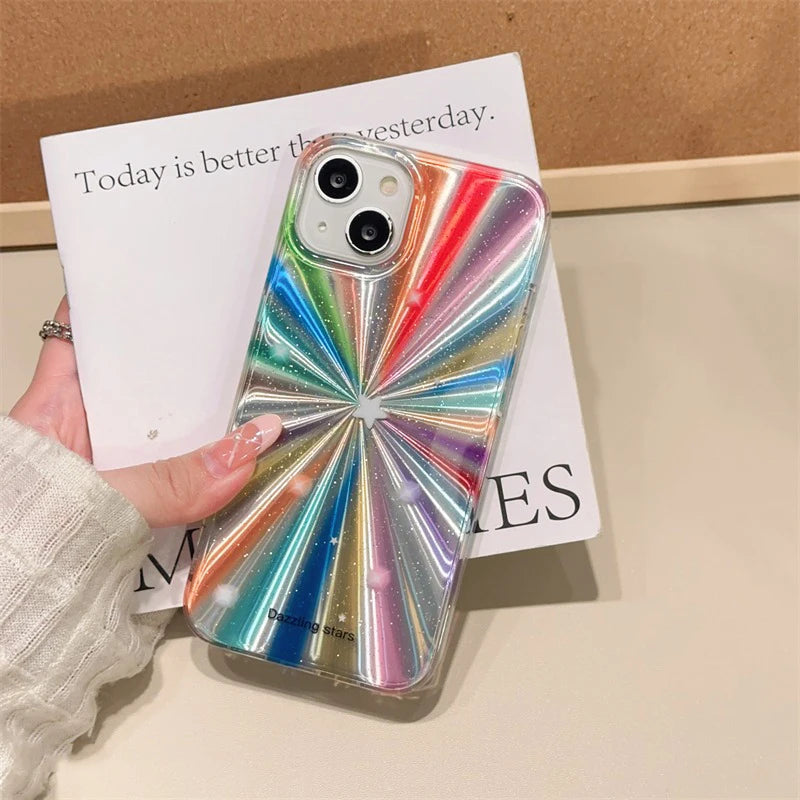 Colorful Rainbow Stars Glitter Phone Case For iPhone 15 16 Pro Max 17 13 11 12 14 Plus IMD Silicone Shockproof Back Cover Shell