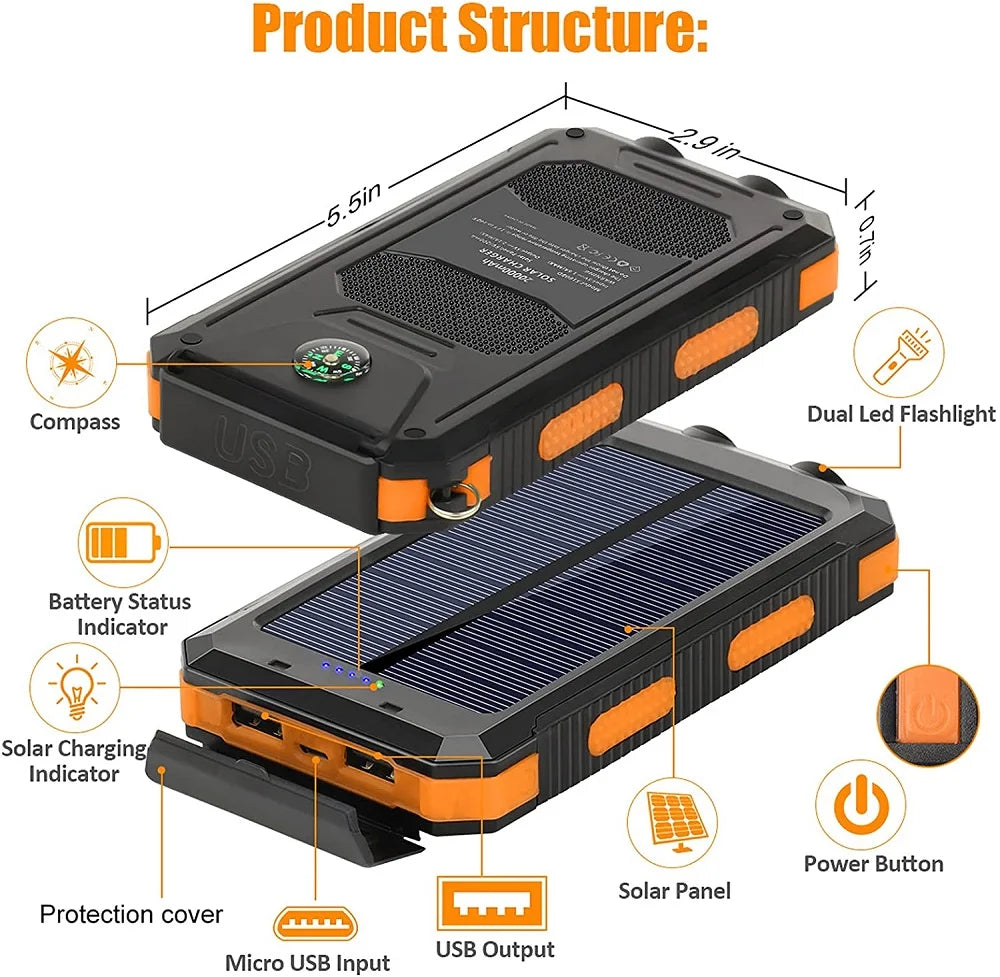 Solar Power Bank 80000mAh Portable Charging Poverbank External Battery Charger Strong Light LDE Light for All Smartphones