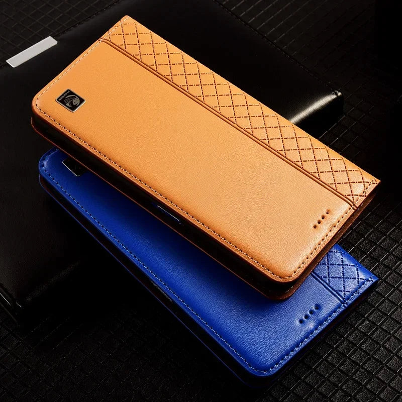 Flip Case For SAMSUNG Galaxy S26 S25 S24 S23 Ultra Plus FE 5G Genuine Leather Magnetic Cover Cowhide Grid Pattern Wallet Cases