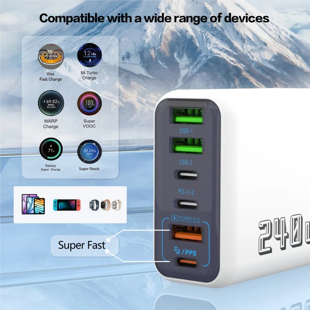 240W 6 Port USB C Charger Super Fast Charging PD3.0 USB C Type C Mobile Phone Charger For iPhone 17 16 pro Samsung Xiaomi ipad