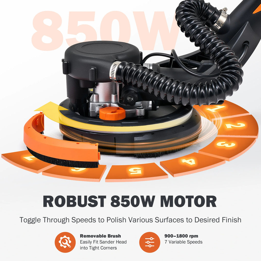 7 Speeds Drywall Sander 850W Electric Wall Sander Vacuum Attachment & LED Light