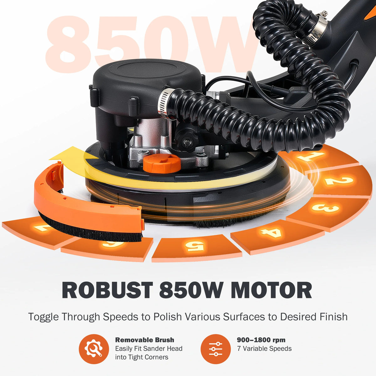 7 Speeds Drywall Sander 850W Electric Wall Sander Vacuum Attachment & LED Light