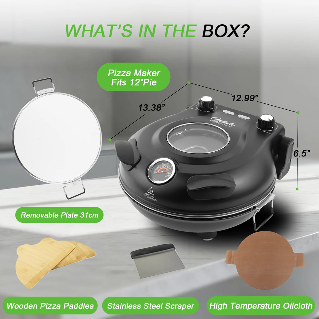 YIBAKE 12 Inch Electric Pizza Oven Indoor 1200W Glazed Ceramic Stone Cooker Two-button Precise Temperature Control Heats up 420℃