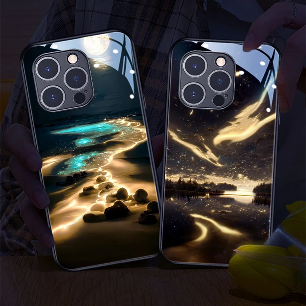 2026 Pretty Galaxy Beach Smart LED Light Glow Tempered Glass Phone Case For iPhone Air 17 16 E 15 14 13 12 11 Pro Max Plus