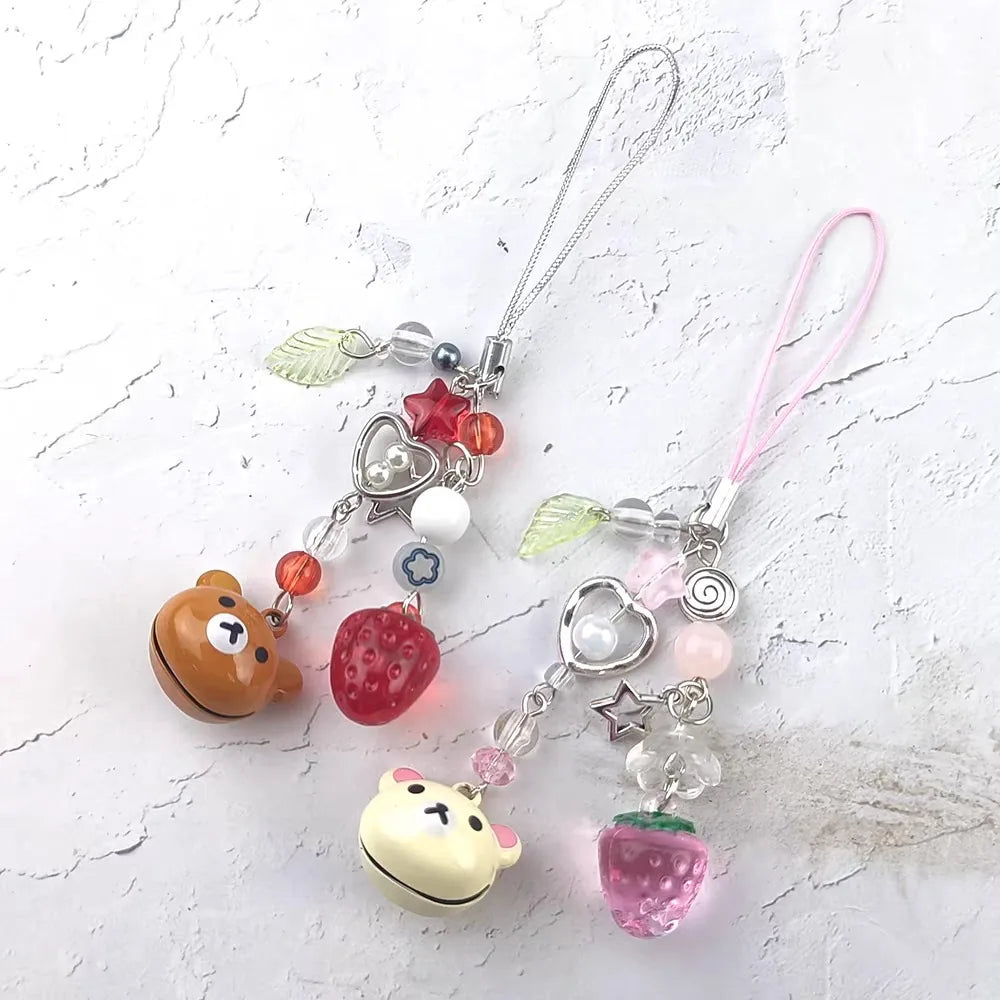 Cute Small Bell Bear Pendant Strawberry Beaded Matching Phone Charms Keychains Bag Chain - Gift Jewelry for Girls Women Couples