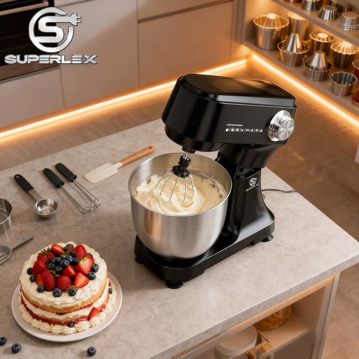 SUPERLEX 4.5L Food Stand Mixer 800W Whip Dough Kneader Multifunctional Powerful Motor Control-Temp Kitchen Mixer with Steel Bowl
