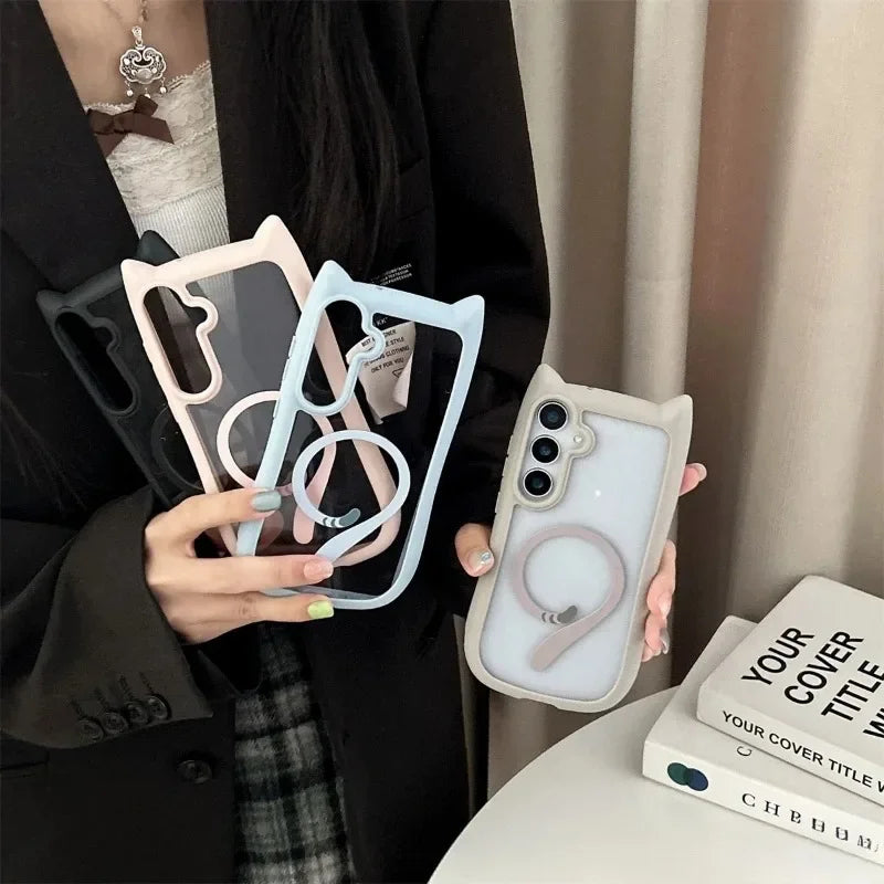 2026 newCute Cat Ear Cartoon Phone Case For Galaxy S25Ultra S25 S24 S23 Plus Transparent PC Magnetic Cover Wireless Charge Shell