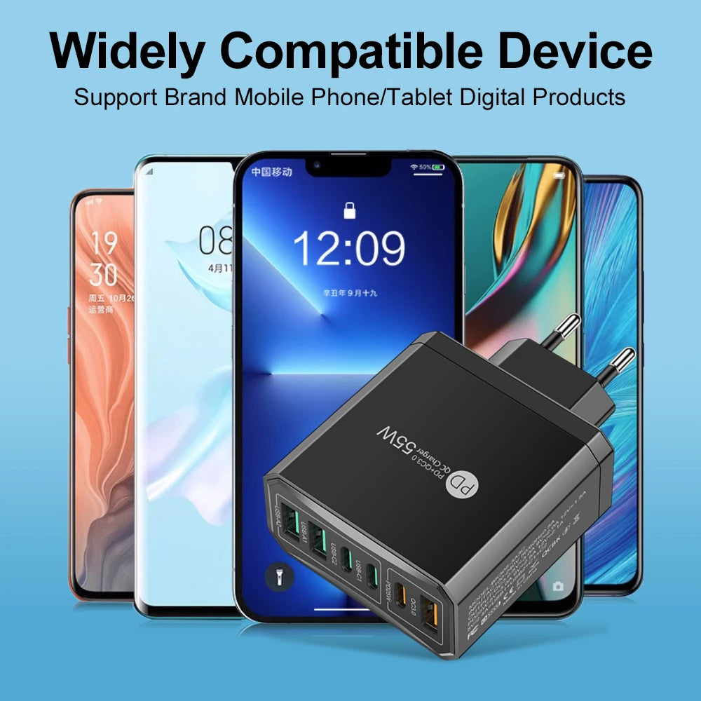 55W 3 USB 3 PD Charger Fast Charging QC3.0 Travel Charger For iPhone 15 14 Samsung Xiaomi Mobile Phone Adapter EU KR US UK Plug
