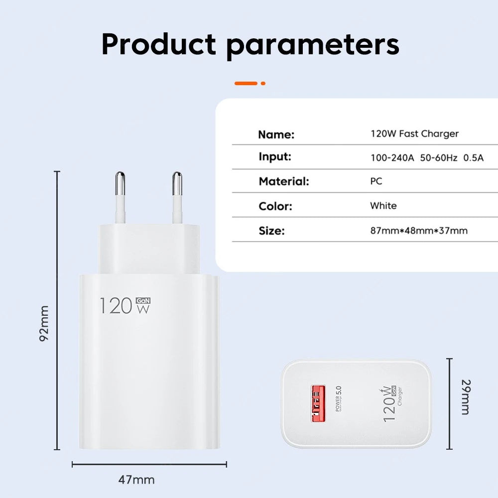 120W GaN USB Charger QC 3.0 EU/US Plug Phone Charger Adapter Type C Cable For iPhone Samsung Xiaomi Fast Charging Wall Charger