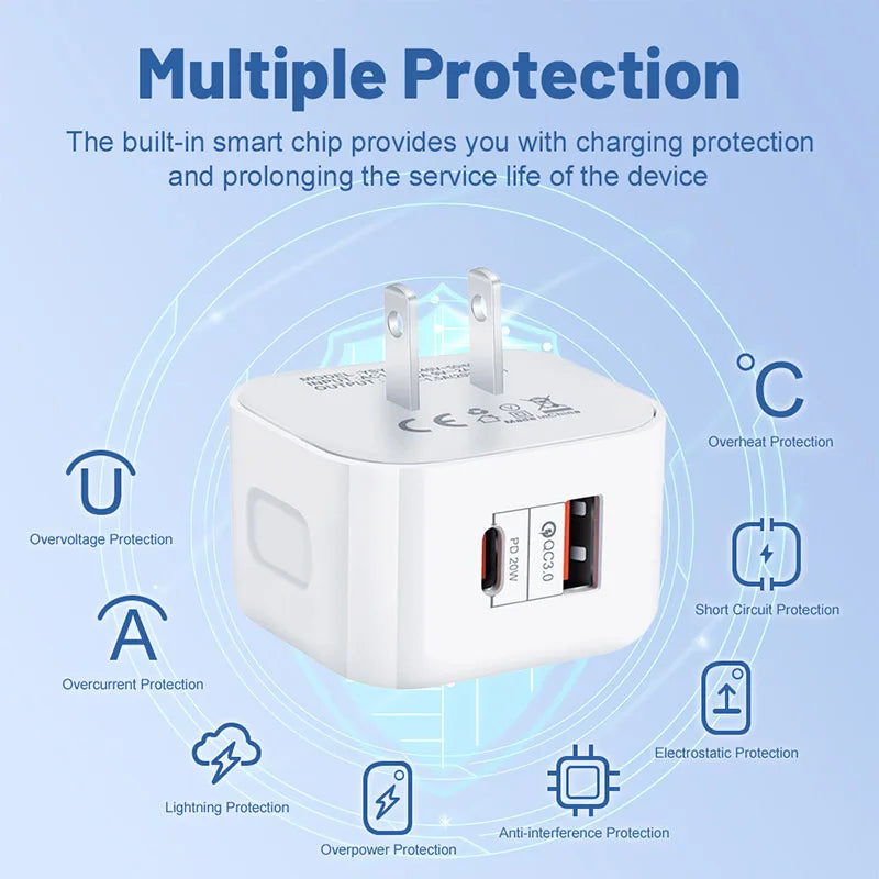 QC3.0 PD20W USB+Type-C Dual Ports Fast Charger Phone Adapter EU/US/UK Plug Wall Charger For iPhone Samsung Huawei Xiaomi/Tablets