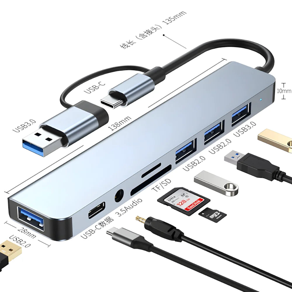 8 In 2 USB Hub USB C Docking Station Type-C Adapter To 4K60Hz HDMI USB 3.0 5Gbps RJ45 1000Mbps Splitter With SD/TF For Laptop